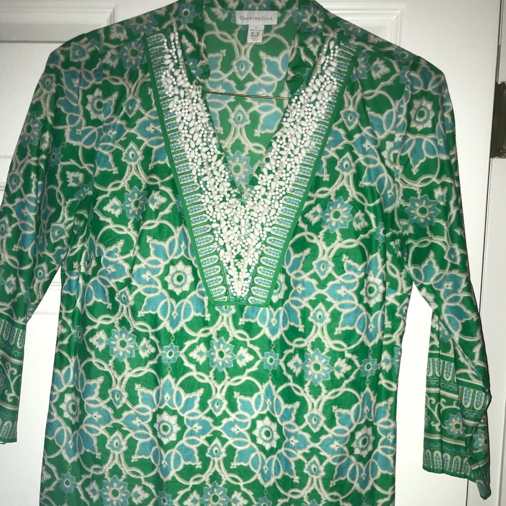 Charter club size S green/ white beaded tunic